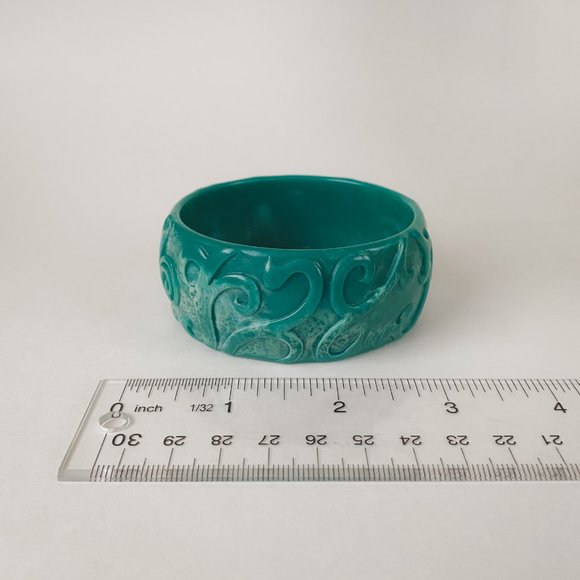 Vintage Acrylic Chunky Teal Green Faux Marble Art Nouveau Wide Bangle Bracelet - Picture 11 of 11